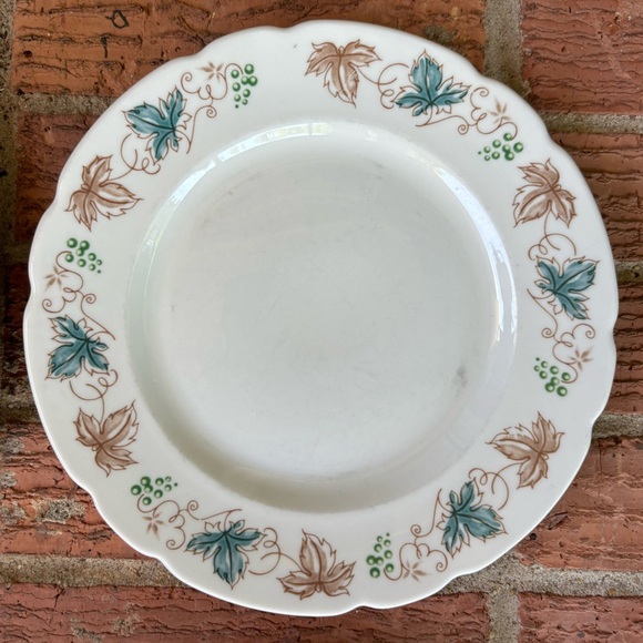 Set of 4 Vintage Walker China Vitrified Salad Plates Teal & Brown Leaves 9 1/8” - Picture 4 of 7